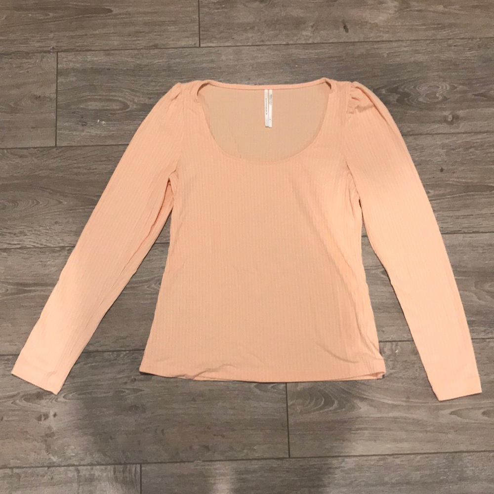 Anthropologie Peach Ribbed Puff Sleeve Top